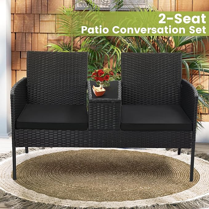 Kromax Wicker 2 Seat Patio Loveseat, Outdoor Rattan Loveseat with Table, Washable Cushion Covers, Backyard, Garden, Lawn - Photo 5