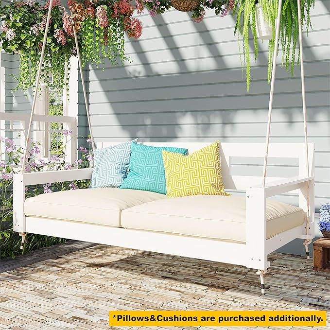 Merax Patio Wooden Twin Size Porch Swing Daybed Frame, Farmhouse Swing Bench Chair with 4 Hanging Ropes for Backyard - Photo 2