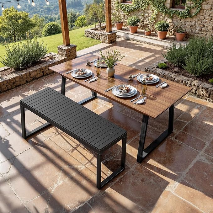 ONBRILL Outdoor Benches Weatherproof, 2-Person Poly Lumber Garden Bench with Metal Legs, All-Weather Patio Bench Will not Rot and Fade for Garden, Porch, Backyard and Park, Easy Installation, Black