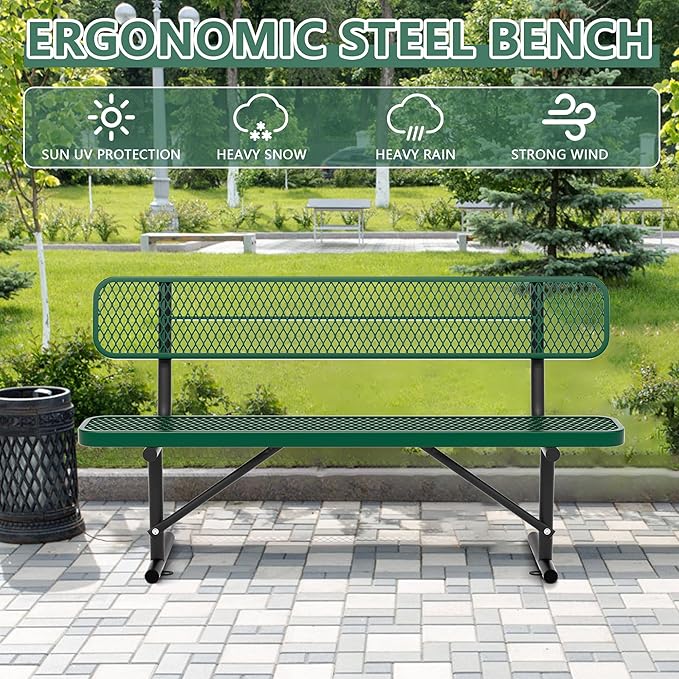 72" Metal Park Benches for Outside - Green Outdoor Benches Heavy Duty Garden Weatherproof Bench with Backrest, Buddy Bench for Schools,Commercial Benches for Shopping Mall, Store, Yard, Patio