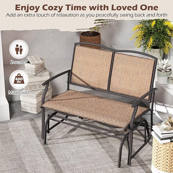 Giantex Patio Glider, 2-Person Outdoor Rocking Chair with Metal Frame and Breathable Fabric, Load 400 Lbs - Photo 7