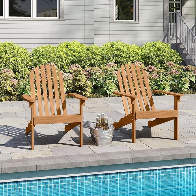 Tangkula Outdoor Adirondack Chair, Solid Acacia Wood Fire Pit Chair with Inclined Backrest, Curved Seat & Wide Armrests, Wooden Lawn Chair for Porch, Patio, Garden, Backyard, Deck (2, Natural)