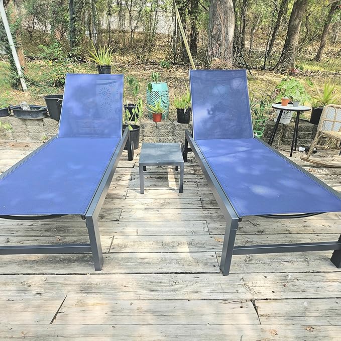 PURPLE LEAF Outdoor Chaise Lounge with Wheels for Outside Aluminum 4 Pieces Patio Lounge Chair with 5 Adjustable Position Recliner for Patio Beach Yard Pool Side Table Included Navy Blue