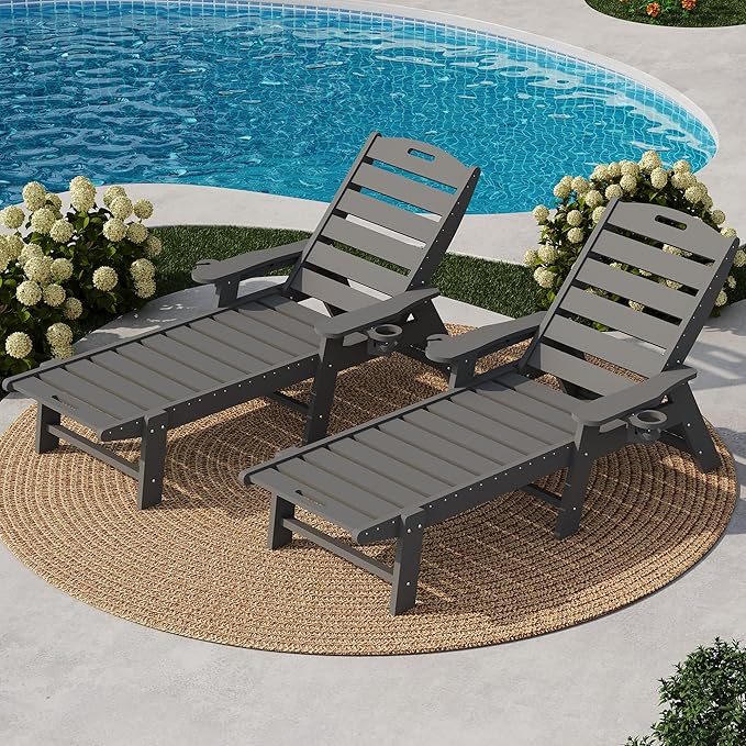 GarveeLife HDPE 5-Position Outdoor Chaise Lounge Chair with Cup Holder, Resin Pool Lounge Chair for Outside - Photo 1