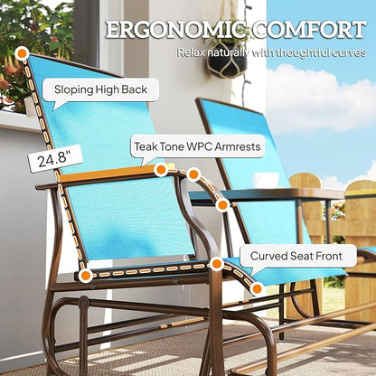 Outsunny 2 Person Outdoor Glider Bench, Patio Swing Glider Chair Loveseat with Breathable Mesh, Table, Steel Frame for Garden, Backyard, Porch, Blue
