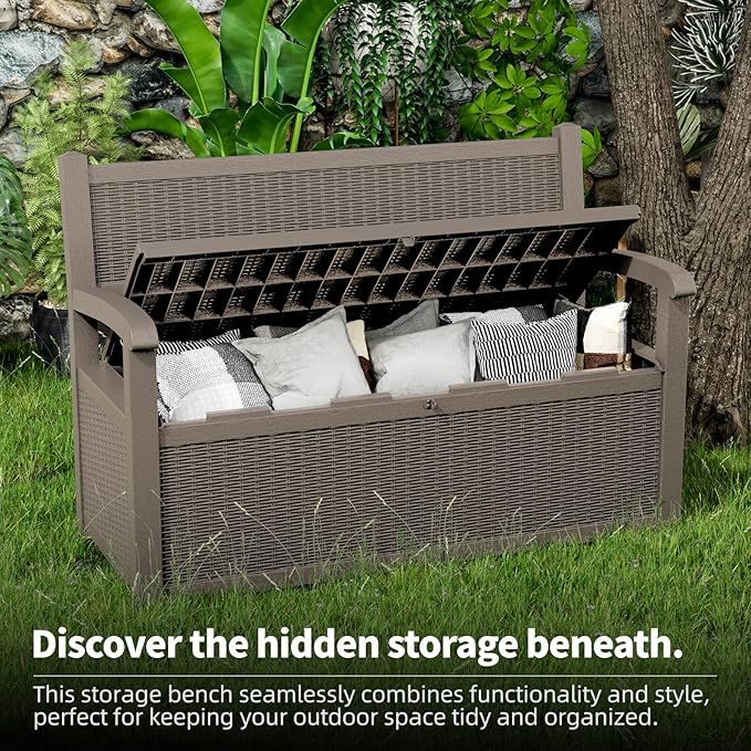 Vixzen 80 Gallon Outdoor Storage Bench Deck Box, Lockable All-Weather Resin Seating with Hidden Storage, Waterproof Patio Furniture for Garden, Pool, Gray