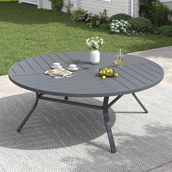 VICLLAX 63" Round Patio Table with Umbrella Hole, All Weather Metal Outdoor Dining Table for 8-10, Outside Table for Lawn Garden, Grey