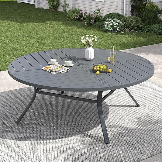 VICLLAX 63" Round Patio Table with Umbrella Hole, All Weather Metal Outdoor Dining Table for 8-10, Outside Table for Lawn Garden, Grey