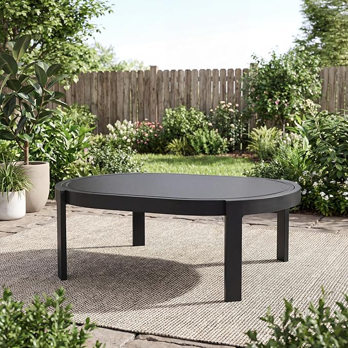 Christopher Knight Home Lula Aluminum Outdoor Coffee Table with Tempered Glass Top, Modern Coffee Table for Patio Furniture Set, Weather-Resistant Patio Table with Oval Top, Black