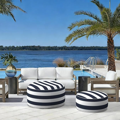 LVTXIII Indoor/Outdoor Inflatable Ottoman with Handle D21 x H9 Inch, Weather-Resistant Round Footstool Pouf for Patio Camping Living Room, Portable Footrest Extra Seating, Cabana Navy