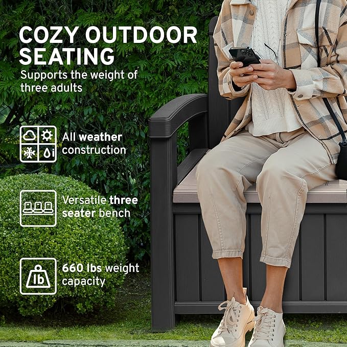 EconoHome 3 Seat Outdoor Storage Bench with Rain Cover - 90 Gallon Capacity - Weatherproof Resin Bench for Patio, Porch - Photo 4