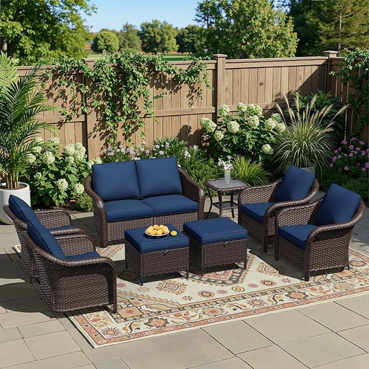 8 Piece Patio Wicker Conversation Set, All-Weather Use Outdoor Wicker Loveseat with 2 PE Rattan Ottomans,4 Chair, 1 Side Table, Ideal for Porch, Backyard, Balcony, Poolside, Blue