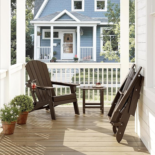 Folding Adirondack Chair Set of 4 with Cup Holder, HDPE All Weather Resistant Plastic Outdoor Patio Chairs, Heavy Duty Fire Pit Seating for Backyard Lawn Garden, Wooden Textured Design(Coffee)