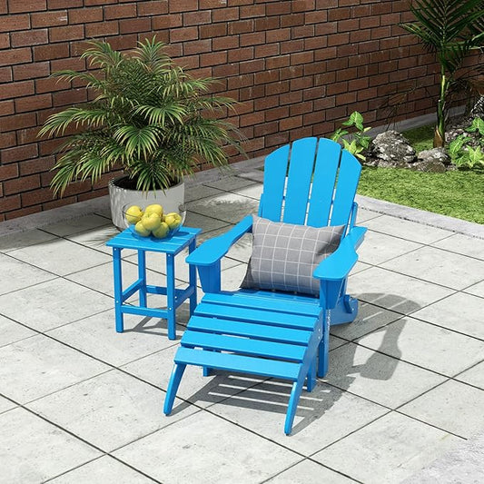 WO Home Furniture 3pc Set - HDPE Poly Adirondack Chair with Ottoman/Footrest and Square Side Table, All Weather and UV Resistant for Outdoor Patio Backyard, Garden, Pacific Blue