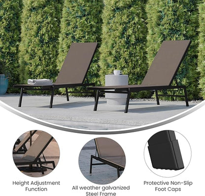 Flash Furniture Brazos Set of 2 Adjustable Chaise Lounge Chairs, Outdoor Five-Position Recliners, All Weather, Black/Brown