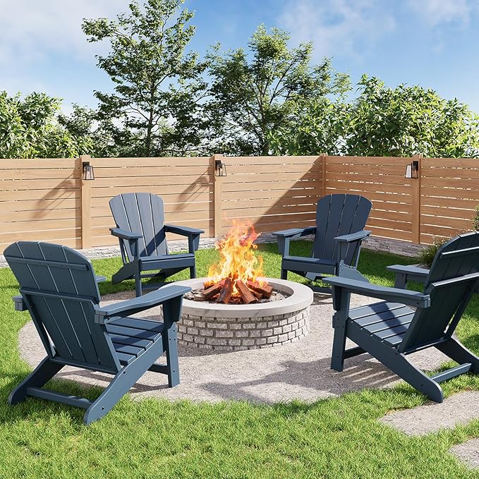 GarveeLife Modern HDPE Plastic Adirondack Chair Set of 4 - Oversize 380 LB Poly Lumber Weather Resistant Firepit Chair - Outdoor Patio Chairs with Wooden Textured for Deck, Pool, Porch - Navy Blue