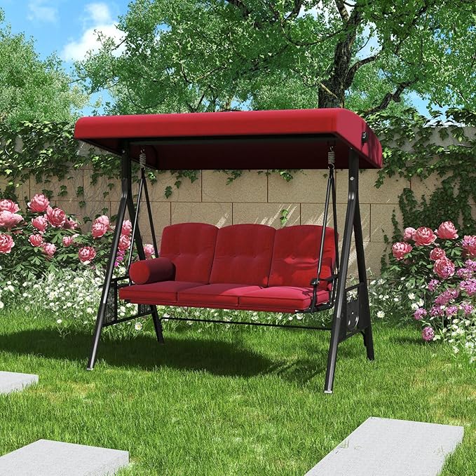 AECOJOY Outdoor Porch Swing, 3-Seat Porch Swing with Adjustable Canopy, Outdoor Swings for Adult with Burgundy Removable Cushions for Backyard, Garden, Yard, Poolside, Balcony