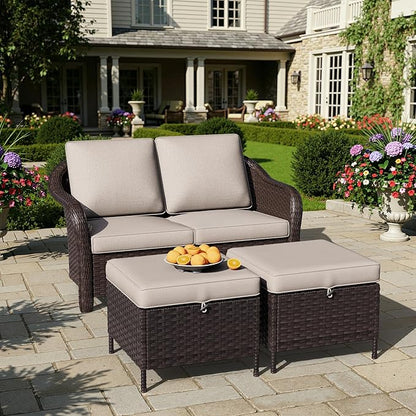 3 Piece Patio Wicker Conversation Set, All-Weather Use Outdoor Wicker Loveseat with 2 PE Rattan Ottomans, Ideal for Porch, Backyard, Balcony, Poolside, Beige
