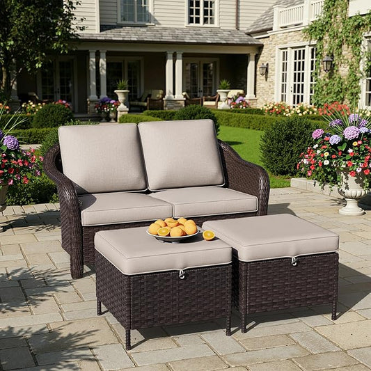 3 Piece Patio Wicker Conversation Set, All-Weather Use Outdoor Wicker Loveseat with 2 PE Rattan Ottomans, Ideal for Porch, Backyard, Balcony, Poolside, Beige