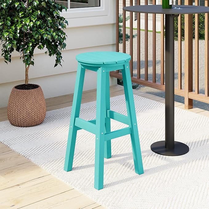 Costaelm 29" Height Outdoor Bar Stools, All-Weather Bar Stools, Adirondack Poly Patio Round Bar Stool for Patio, Deck, Kitchen Counter and Garden, Turquoise