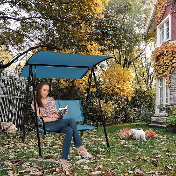 Tangkula 2 Person Porch Swing, Patio Swing with Adjustable Canopy, Comfortable Fabric Seat & Heavy-Duty Steel Frame - Photo 9