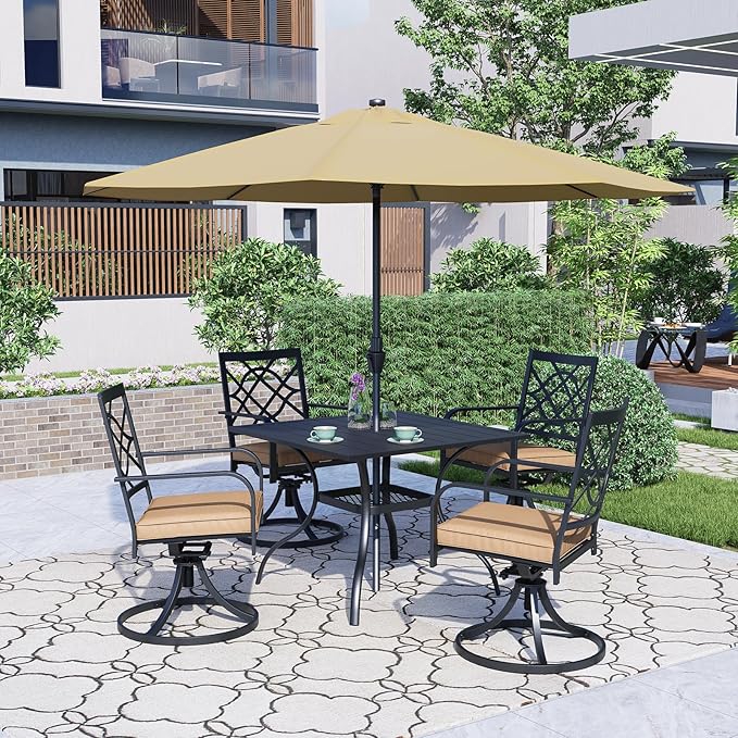 SUNCROWN 5 Pieces Outdoor Dining Set Metal Swivel Cushioned Chairs Patio Furniture Sets with Steel Slat Bistro Table and Sky Blue 9Ft Patio Umbrella for Backyard, Lawn, Garden