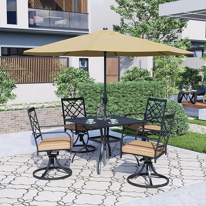 SUNCROWN 5 Pieces Outdoor Dining Set Metal Swivel Cushioned Chairs Patio Furniture Sets with Steel Slat Bistro Table and Sky Blue 9Ft Patio Umbrella for Backyard, Lawn, Garden