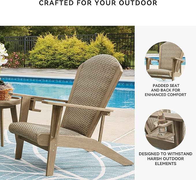 Signature Design by Ashley Bradstreet Bay Casual Outdoor Eucalyptus Wood Padded High Back Adirondack Chair with Handwoven Resin Wicker, Beige