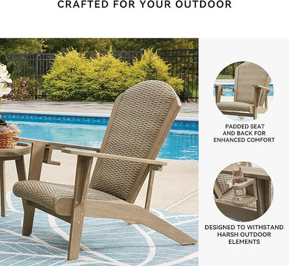 Signature Design by Ashley Bradstreet Bay Casual Outdoor Eucalyptus Wood Padded High Back Adirondack Chair with Handwoven Resin Wicker, Beige