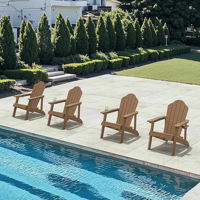 Wood-Grain HDPE Adirondack Chairs Set of 2, Weather Resistant Outdoor Seating with Hidden Cup Holder for Porch, Cabin, Deck & Fire Pit, Brown