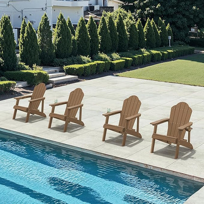 Wood-Grain HDPE Adirondack Chairs Set of 2, Weather Resistant Outdoor Seating with Hidden Cup Holder for Porch, Cabin, Deck & Fire Pit, Brown