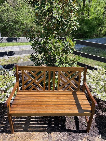 PHI VILLA Outdoor Garden Wooden Bench, 4 Ft Acacia Wood Bench with Curved Backrest and Armrest, 2 Seat All Weather Bench for Patio, Lawn, Balcony, Yard, Porch - Brown