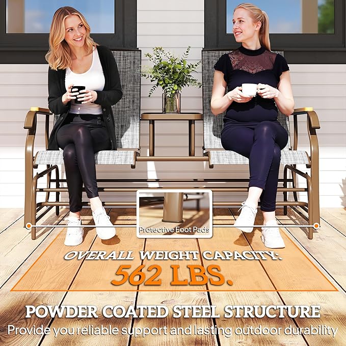 Outsunny 2 Person Outdoor Glider Bench, Patio Swing Glider Chair Loveseat with Breathable Mesh, Table - Photo 8