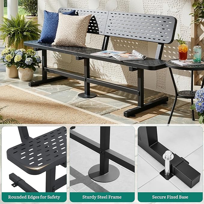 YITAHOME 6ft Outdoor Metal Park Bench with Back, Heavy Duty Park Carbon Steel Bench, Metal Garden Park Bench Thermoplastic Coated Weatherproof Seating for Patio Yard Commercial Use, 573 Lbs Cap Black