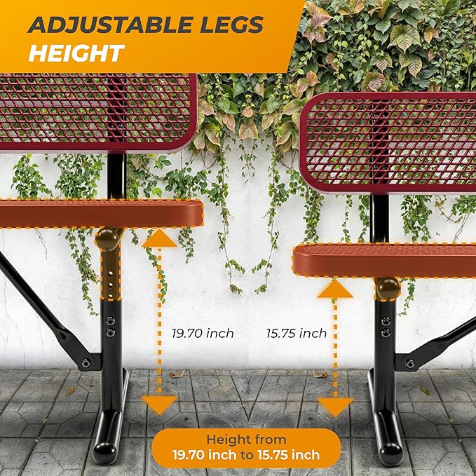 Heavy-Duty Outdoor Metal Bench, Thermoplastic-Coated, Portable, Weatherproof, Commercial-Grade for Parks, Gardens, Patios, Stores & More (6 Ft - Portable with Back, Red)