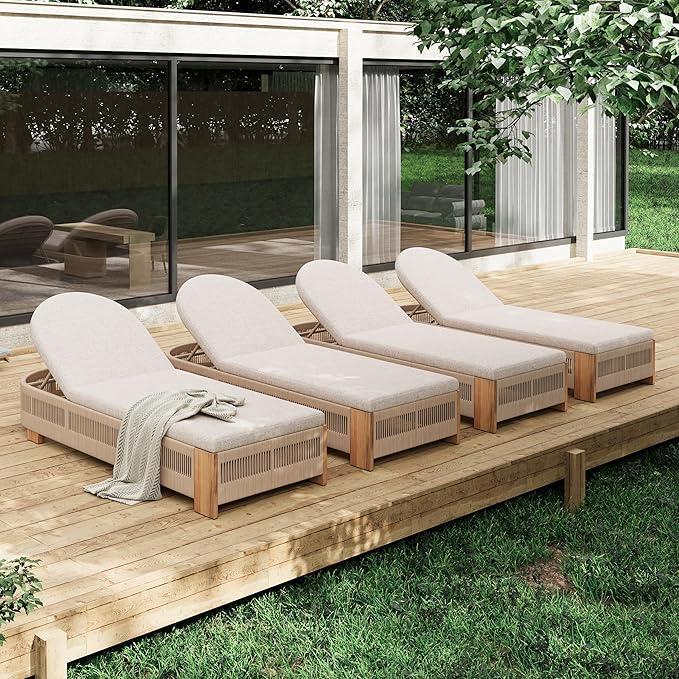 Christopher Knight Home Daskz Outdoor Chaise Lounge Chair Set of 4, Patio Outdoor Acacia Wood Chaise Lounge, Adjustable Backrest Poolside Beach Yard Recliner Chair, Rope Design, 79.5'', Teak+Beige