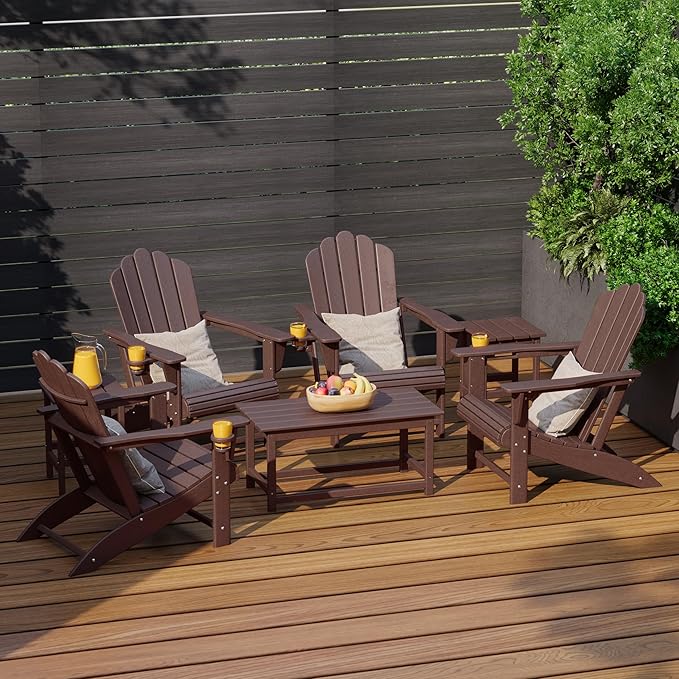 Costaelm Lakeview 7-Piece HDPE Outdoor Patio Furniture Adirondack Conversation Set, Dark Brown