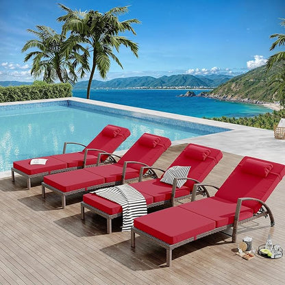 Outdoor Chaise Lounge Set of 2 Rattan Patio Folding Chaise Lounge Adjustable 5 Position Back Patio Pool Lounge Chair with Cushion Pillow for Poolside Backyard Deck Porch Red
