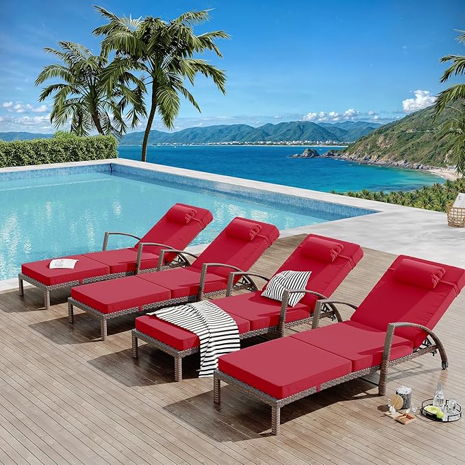 GarveeLife 2-Piece Rattan Patio Folding Chaise Lounge, 5-Position Adjustable Backrest Outdoor Lounge Chair with Cushion and Pillow for Poolside, Backyard, Deck, Porch, Red