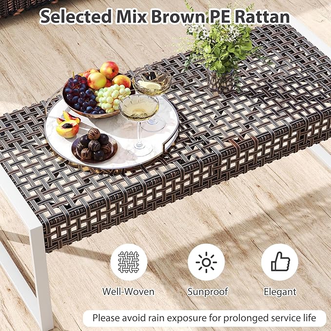 RELAX4LIFE Wicker Outdoor Ottoman Footstool - Rattan Patio Foot Rest for 2 w/Soft Cushion & Metal Frame, Multipurpose Coffee Table, 43’’ Seating Bench, Foot Stool for Garden Porch Backyard (1)