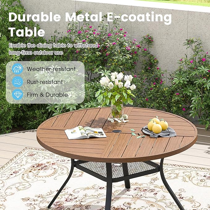 Patio Dining Table for 4-6, Round Metal Outdoor Table with Storage Shelf, 1.57" Umbrella Hole, 47" Outdoor Quartered Tabletop Dining Table for Backyard, Porch, Lawn, Walnut