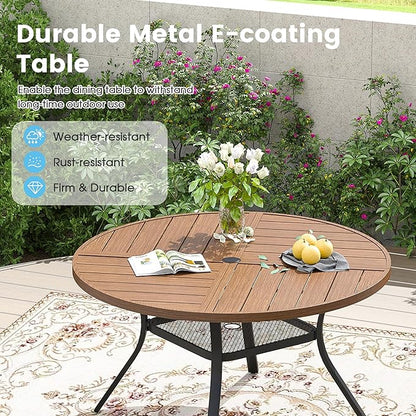 Patio Dining Table for 4-6, Round Metal Outdoor Table with Storage Shelf, 1.57" Umbrella Hole, 47" Outdoor Quartered Tabletop Dining Table for Backyard, Porch, Lawn, Walnut