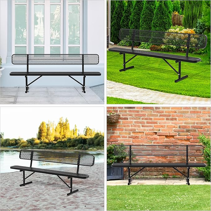 96" Metal Park Benches for Outside - Black Outdoor Benches Heavy Duty Garden Weatherproof Bench with Backrest, Buddy Bench for Schools,Commercial Benches for Shopping Mall, Store, Yard, Patio