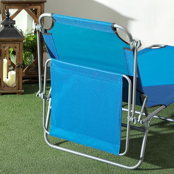 Outsunny Outdoor Lounge Chair, Adjustable Folding Chaise Lounge, Tanning Chair with Sun Shade for Beach, Camping, Hiking, Backyard, Blue