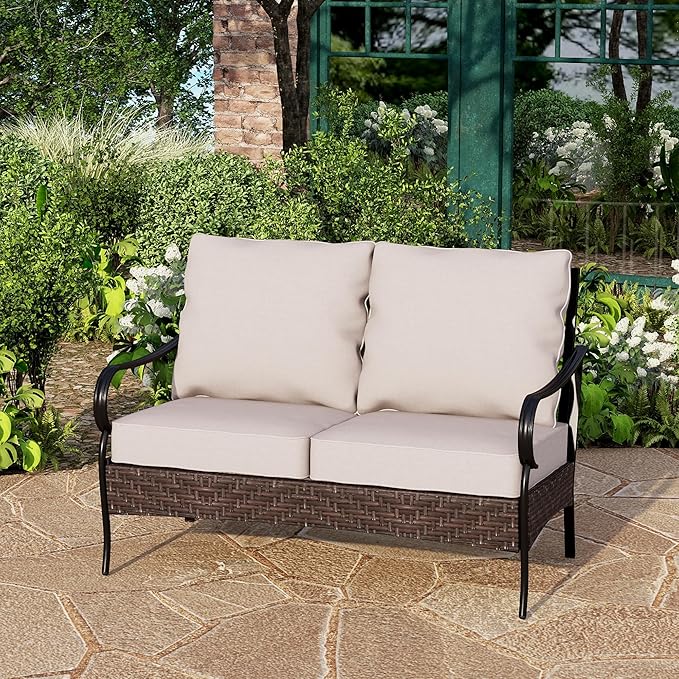 PHI VILLA Wicker & Metal Outdoor 2-Seat Patio Couch, Patio Sofa Loveseat with Deep Seating for Front Porch, Deck - Photo 1