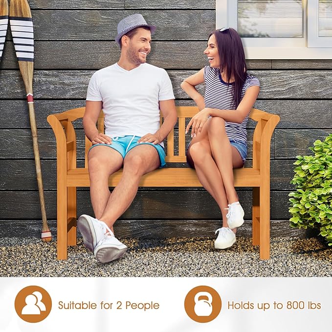 RELAX4LIFE Acacia Wood Outdoor Bench - 2 Person Patio Loveseat with Backrest and Armrests, 47 inch Garden Bench for Porch, Backyard, Lawn and Poolside, 800 lbs Weight Capacity