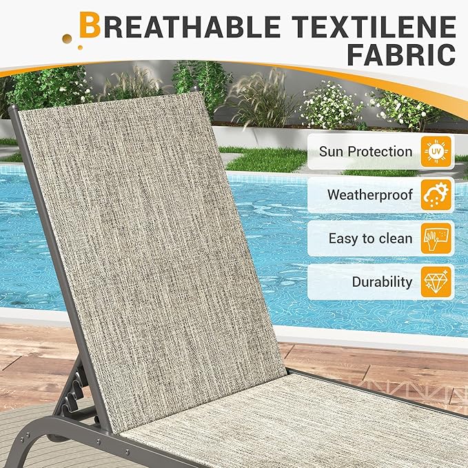 UDPATIO Aluminum Patio Lounge Chairs Set of 2 for Outside with Coffee Table Poolside Chaise Chair with Cushion for Sunbathing 5 Adjustable Position Backrest Outdoor Lounger with Wheels