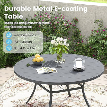Patio Dining Table for 6-8, Round Metal Outdoor Table with 1.57" Umbrella Hole, 50" Outdoor Slat Tabletop Dining Table for Backyard, Porch, Lawn, Dark Grey