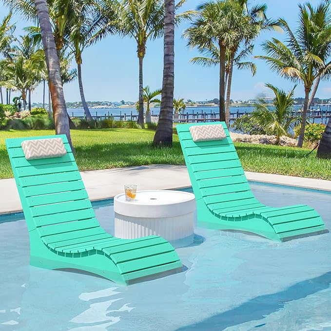 HDPS Pool Lounge Chairs Set of 4, Use in Pools Lounge Chairs up to 10-Inches of Water, Chaise Chairs with Headrest, Lounge Chair Outdoor, Fade-Resistant Pool Lounger for Deck