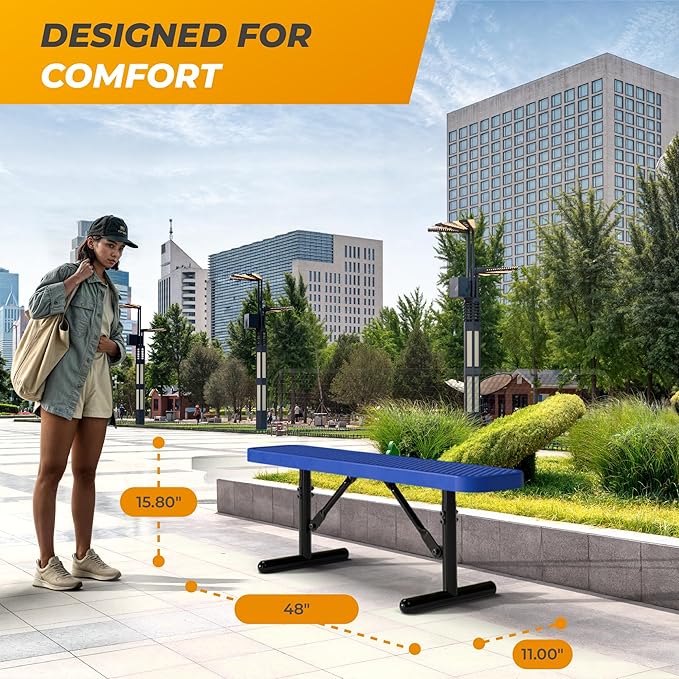 Heavy-Duty Outdoor Metal Bench, Thermoplastic-Coated, Portable, Weatherproof, Commercial-Grade for Parks, Gardens, Patios, Stores & More (4 Ft - Portable, Blue)